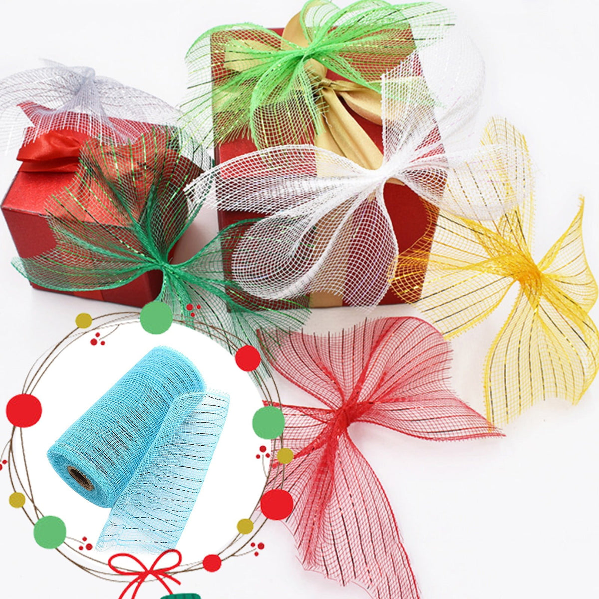 Gift Yarn , Packaging Ribbon, Poly Mesh Ribbon with Metallic Foil Each Roll for Wreaths Swags Bows Wrapping and Decorating K