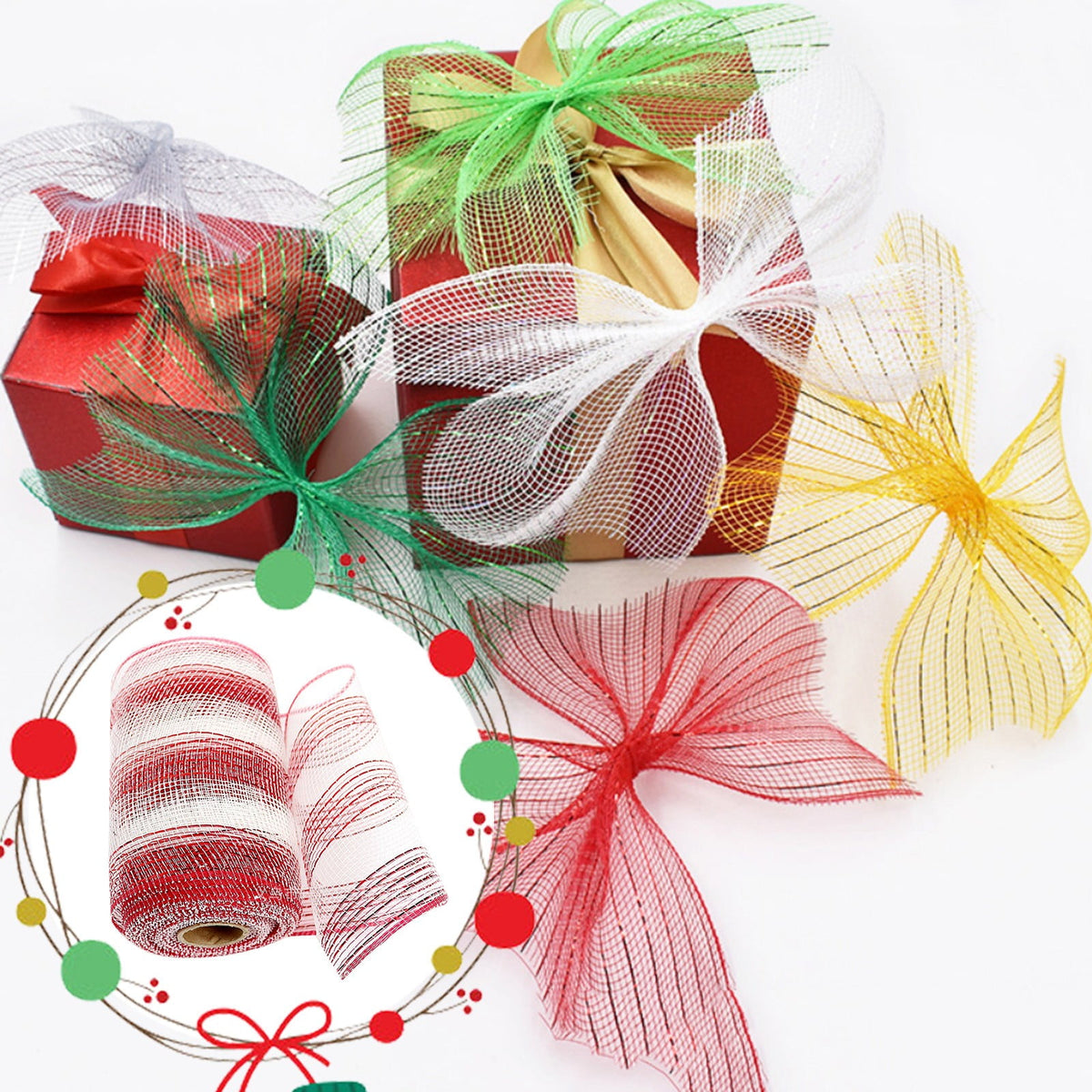 Gift Yarn , Packaging Ribbon, Poly Mesh Ribbon with Metallic Foil Each Roll for Wreaths Swags Bows Wrapping and Decorating M