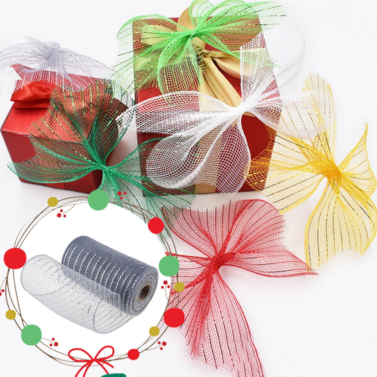 Gift Yarn , Packaging Ribbon, Poly Mesh Ribbon with Metallic Foil Each Roll for Wreaths Swags Bows Wrapping and Decorating O
