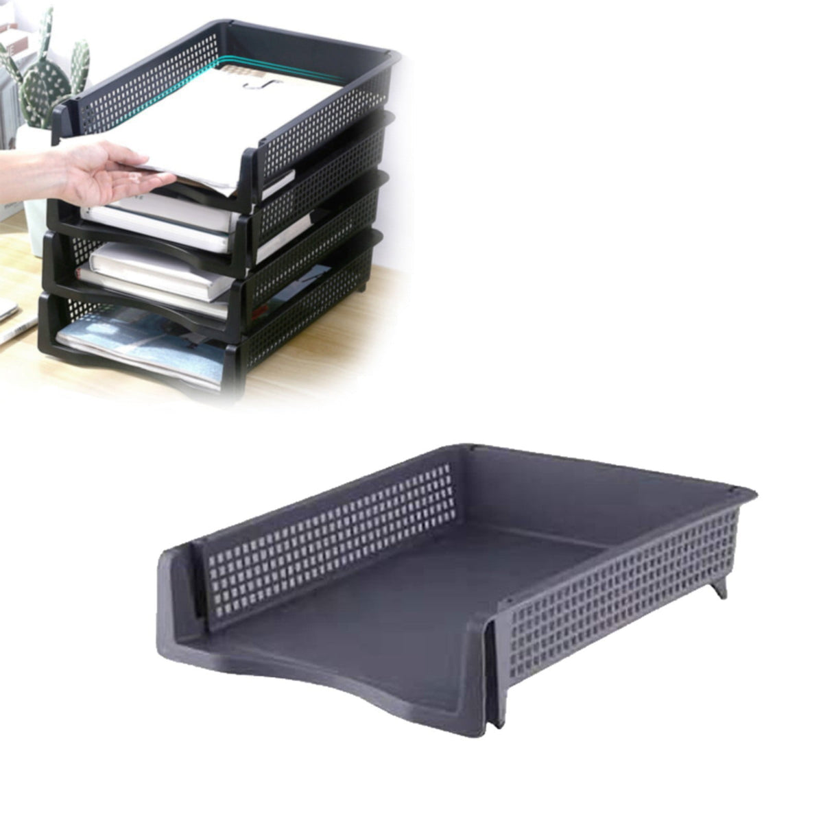 1 Pack Stackable File Storage Rack Plastic Desktop Document Organizer Paper Tray for Home Office, One Size Grey