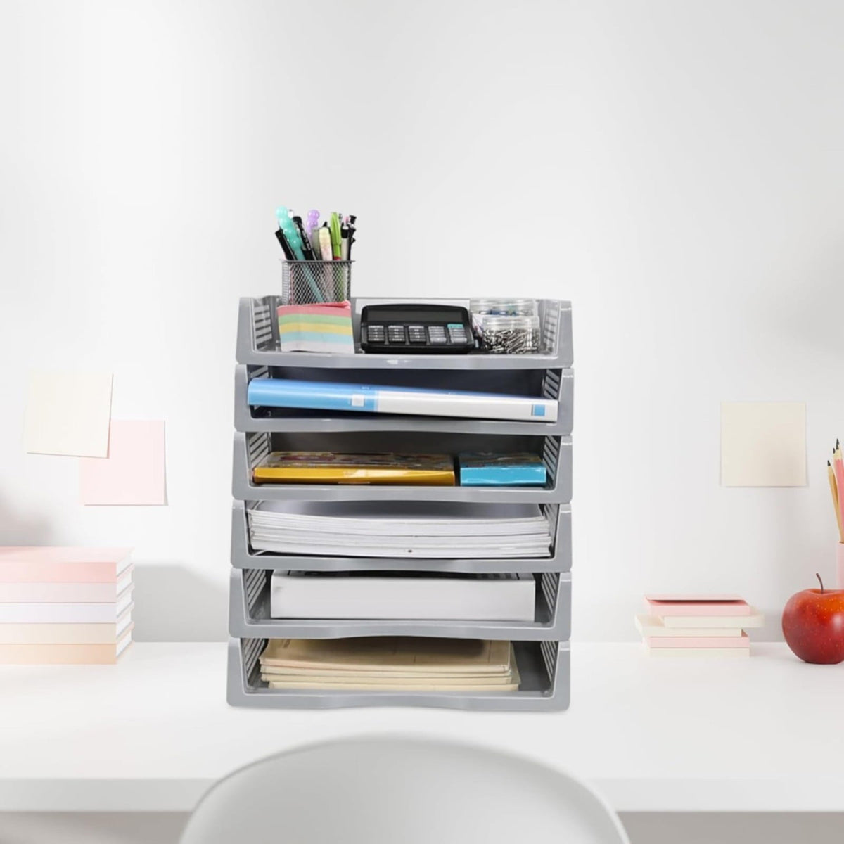 1 Pack Stackable File Storage Rack Plastic Desktop Document Organizer Paper Tray for Home Office, One Size Grey