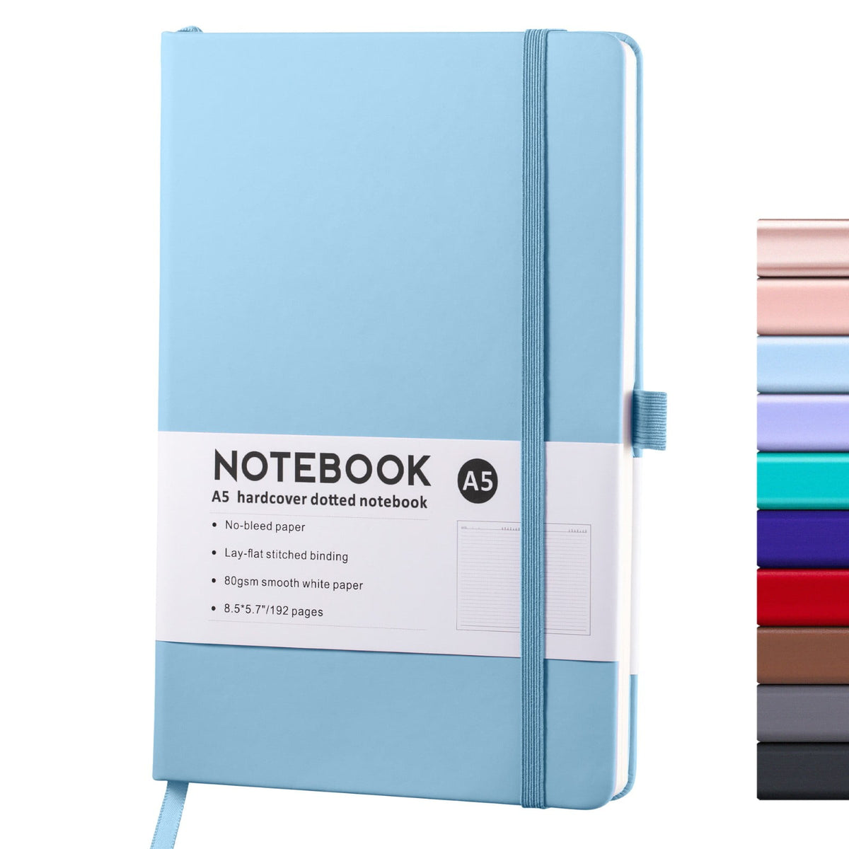 A5 Hardcover Dotted Notebook, 96 Sheets with Elastic Closure, Inner Pocket and Ribbon Bookmark, Light Blue, 21.3 x 14.8 cm