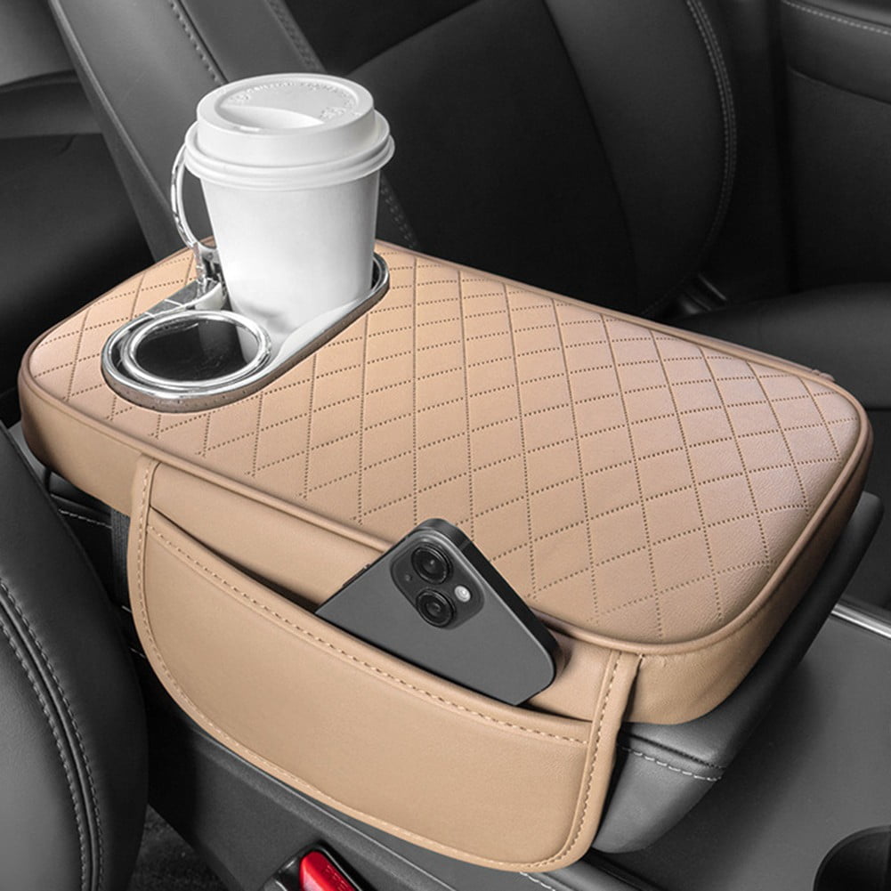 Car Armrest Cushion With 2 Cup Holder And Side Pocket Pu Leather Black