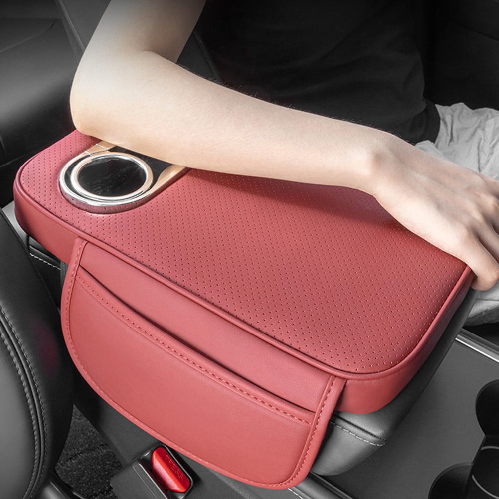Car Armrest Cushion With 2 Cup Holder And Side Pocket Pu Leather Black