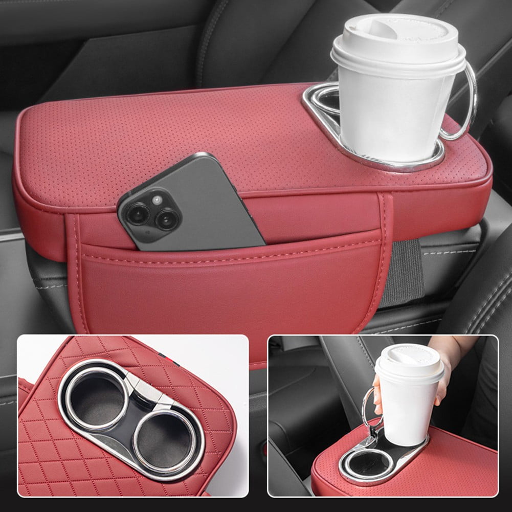 Car Armrest Cushion With 2 Cup Holder And Side Pocket Pu Leather Black
