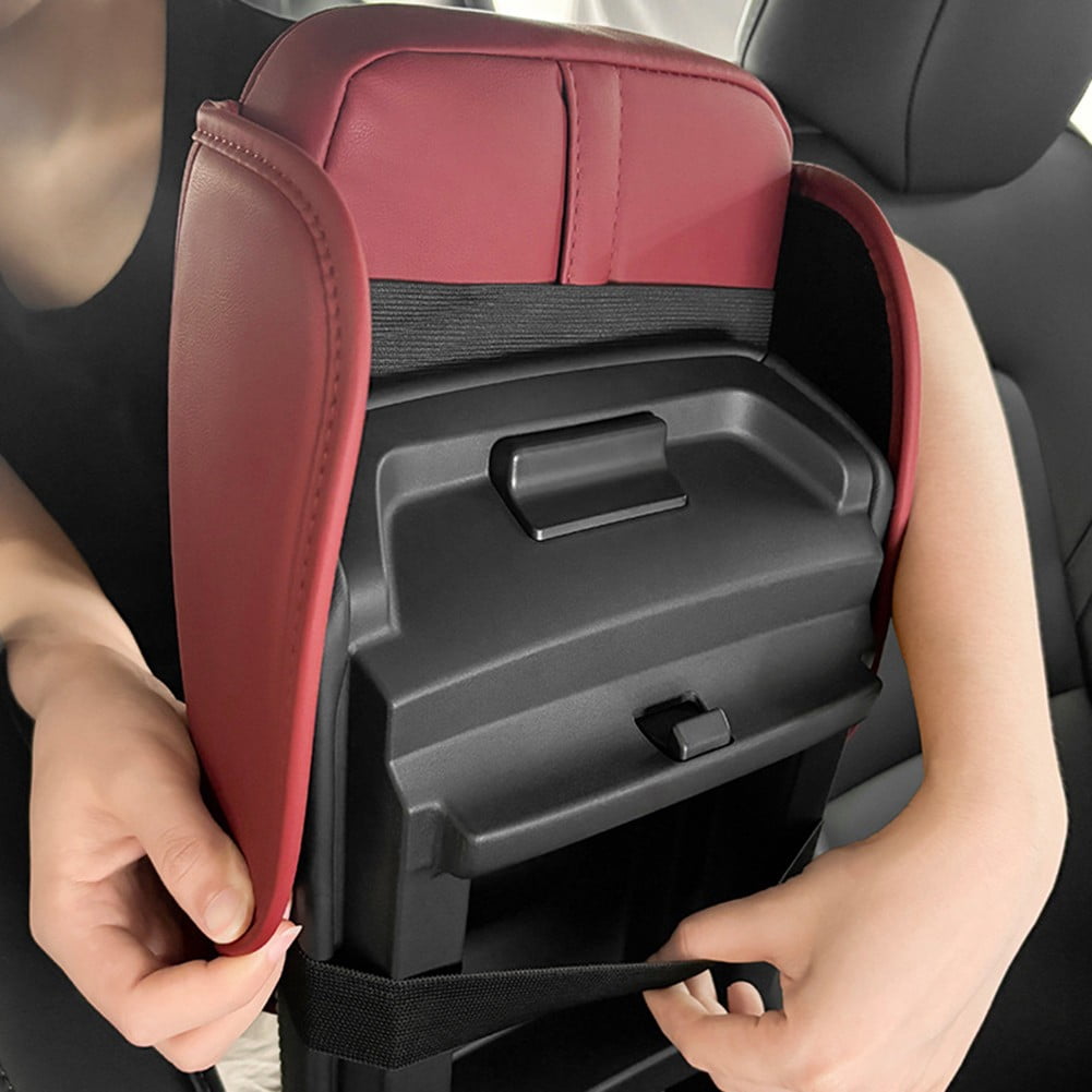 Car Armrest Cushion With 2 Cup Holder And Side Pocket Pu Leather Black