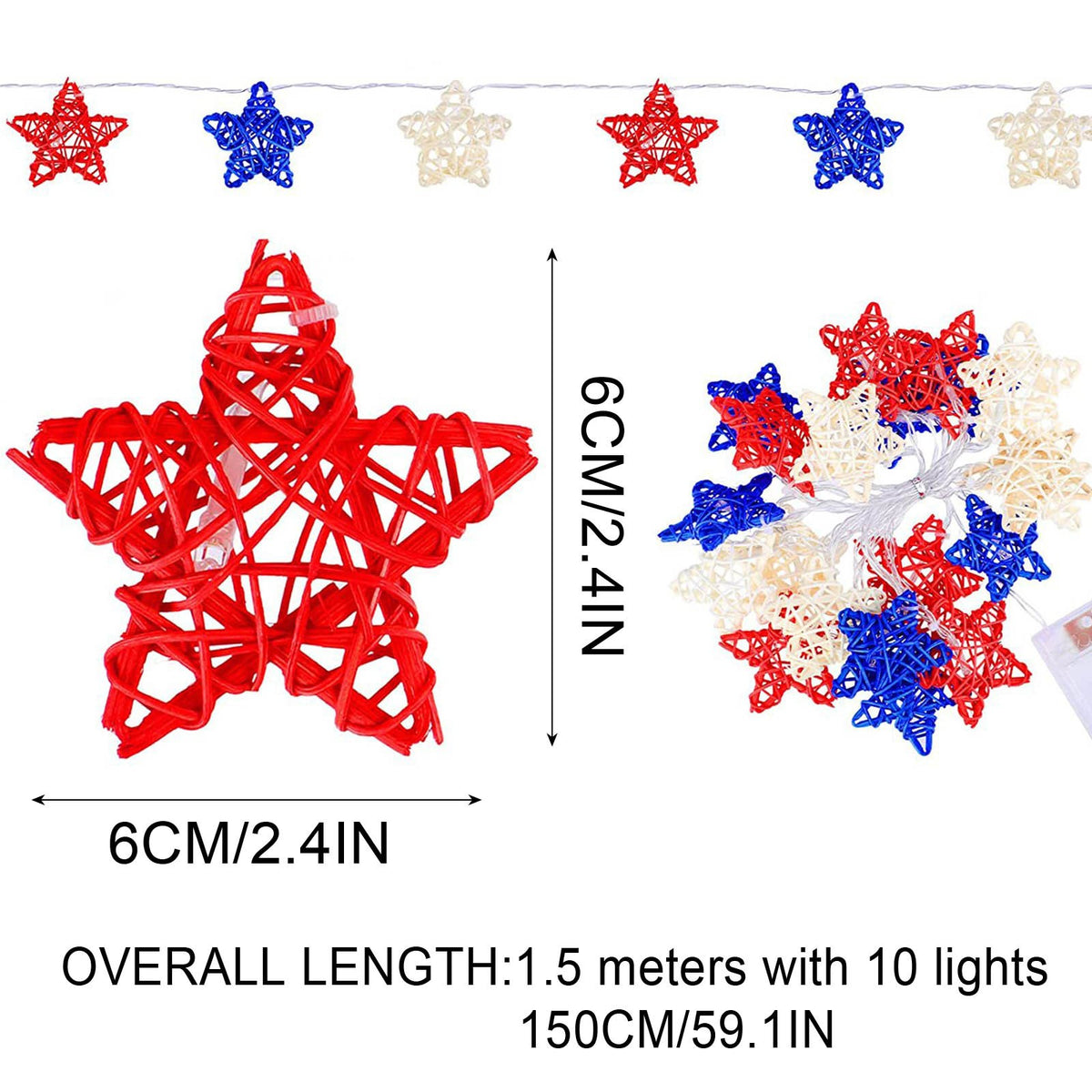 20 LED Rattan Star String Lights, Battery Operated Red, White and Blue Decorative Lights for Indoor Parties and Patriotic Events