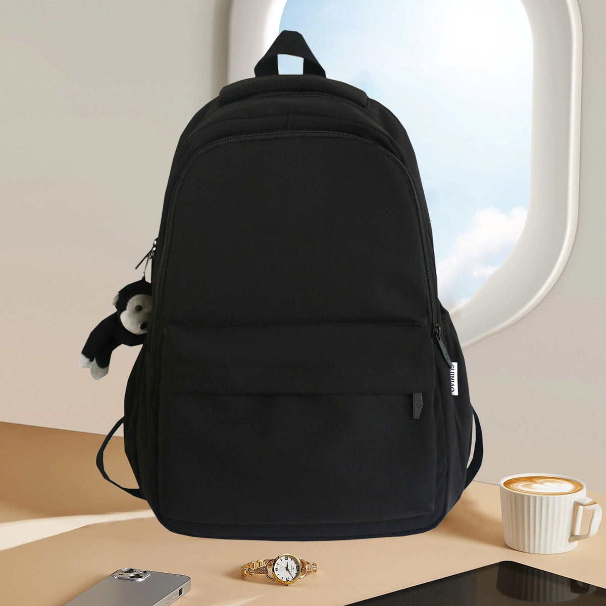 1 Piece Travel Backpack with Detachable Bear Charm, Laptop Book Bag for School, Work and Daily Travel, Black 3, 21.8 x 27.9 cm