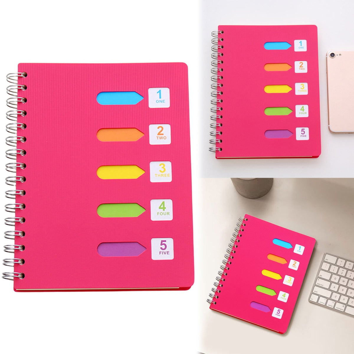 5 Subject Spiral Notebook, College Ruled A5 Notebook with Removable Divider Tabs and 220 Pages for Notes, Hot Pink, 5 x 7 in