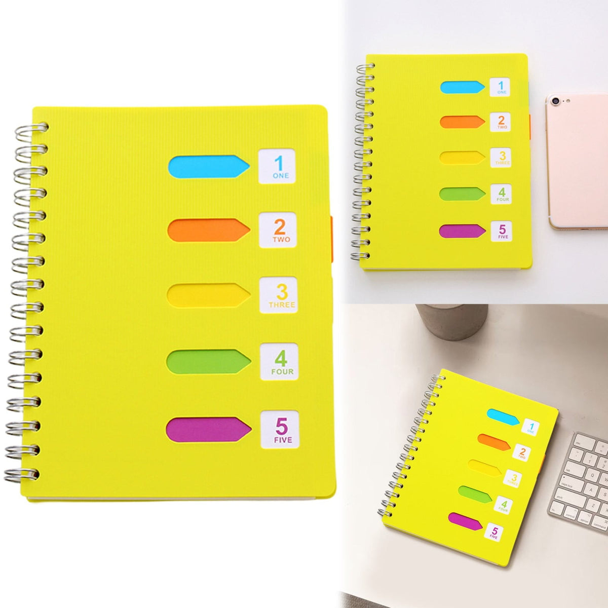 5 Subject Spiral Notebook, College Ruled A5 Notebook with Removable Divider Tabs and 220 Pages for Notes, Yellow, 5 x 7 in