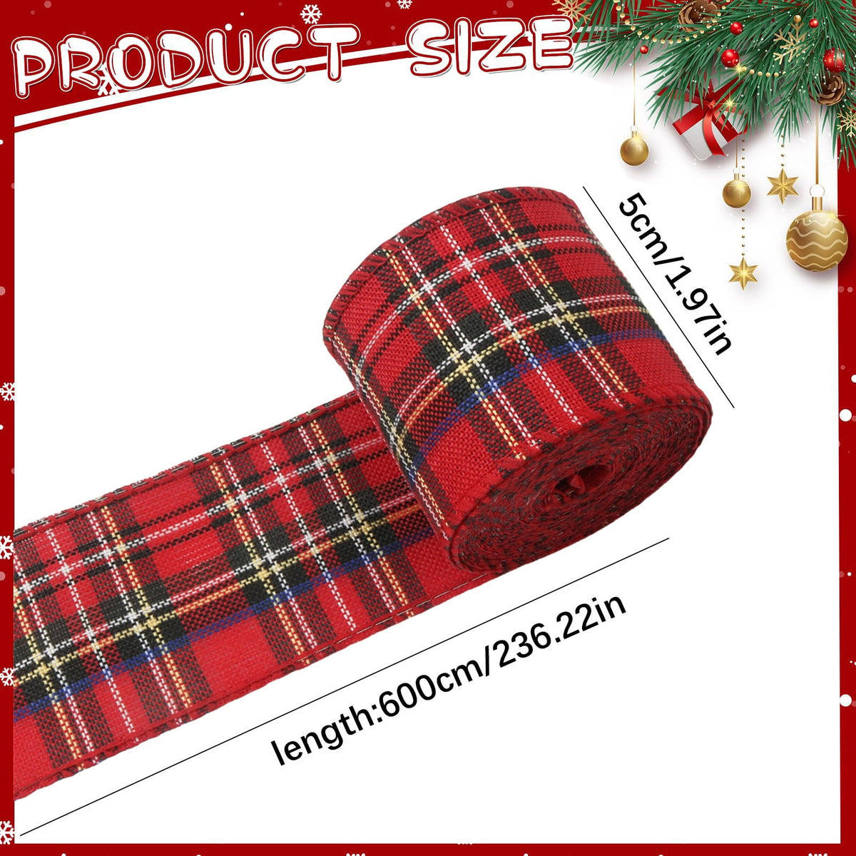 2 Rolls Wired Edge Christmas Plaid Ribbon, Tartan Decorative Wrapping Ribbon for Gift Bows, Wreaths and Craft Projects, Red