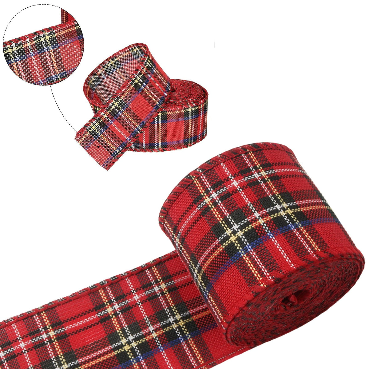 2 Rolls Wired Edge Christmas Plaid Ribbon, Tartan Decorative Wrapping Ribbon for Gift Bows, Wreaths and Craft Projects, Red