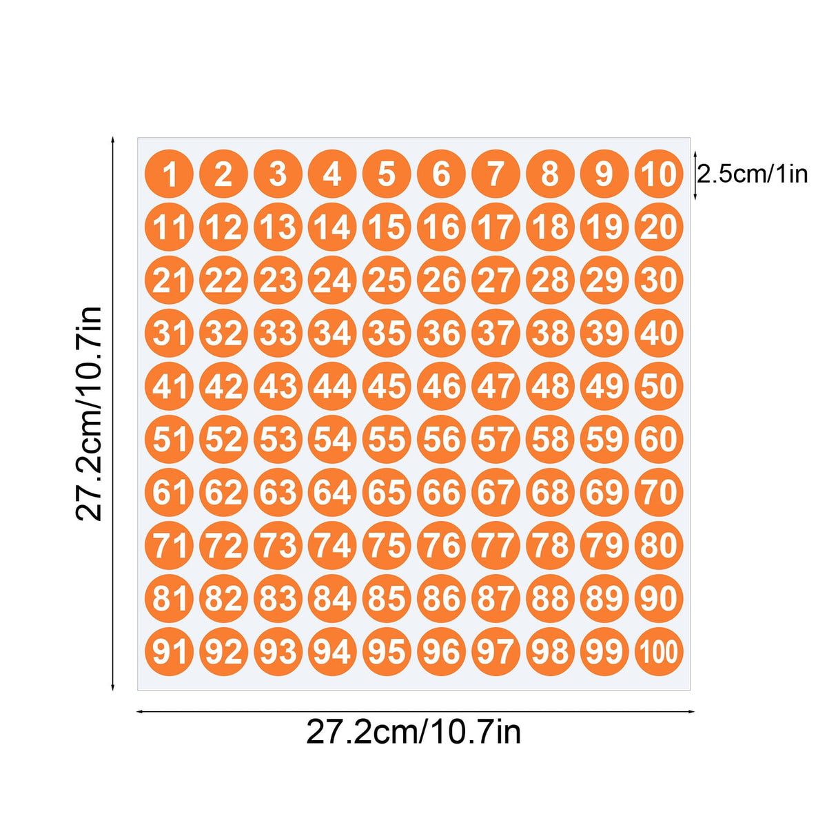 Round Number Stickers, self adhesive labels numbered 1 to 100 for mailboxes scrapbooks and crafts, Orange, 1 inch