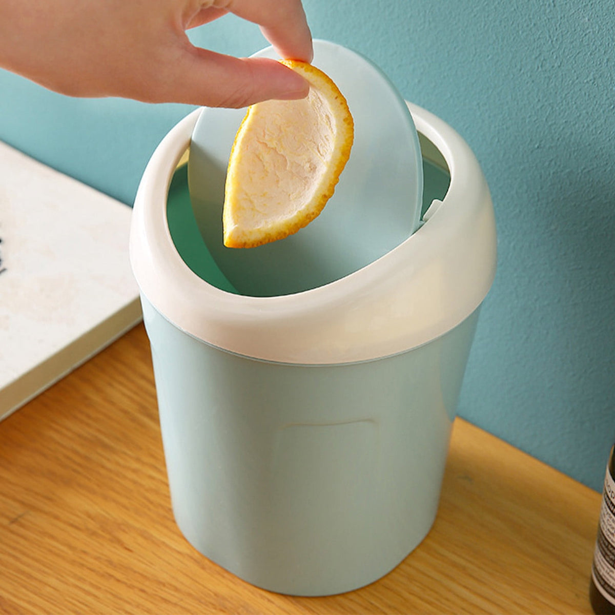 Mini Desk Bin with Swing Lid, Compact Plastic Rubbish Bin for Offices, Bathrooms, Cars, Vanities and Tabletop Waste, Blue