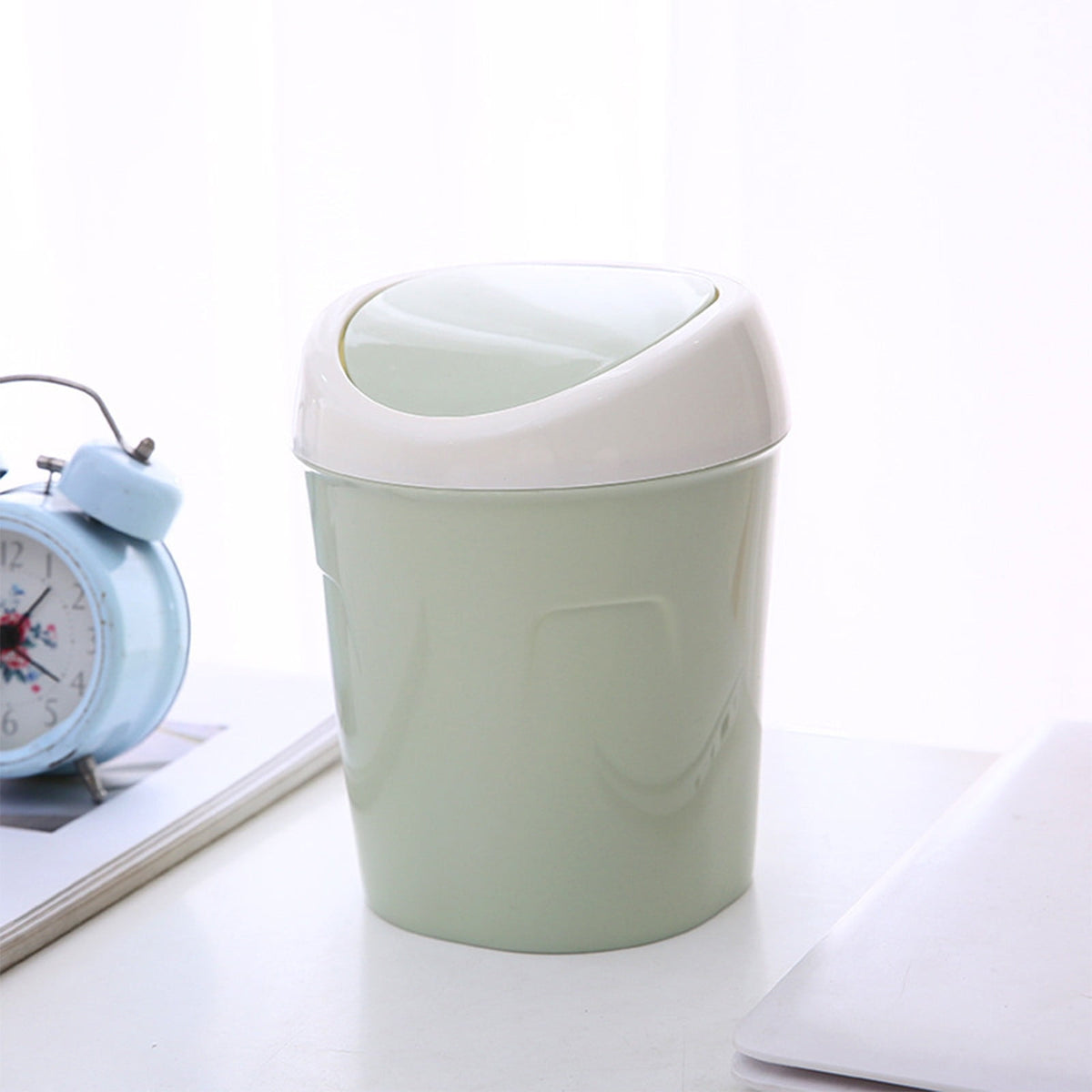 Mini Desk Bin with Swing Lid, Compact Plastic Rubbish Bin for Offices, Bathrooms, Cars, Vanities and Tabletop Waste, Blue