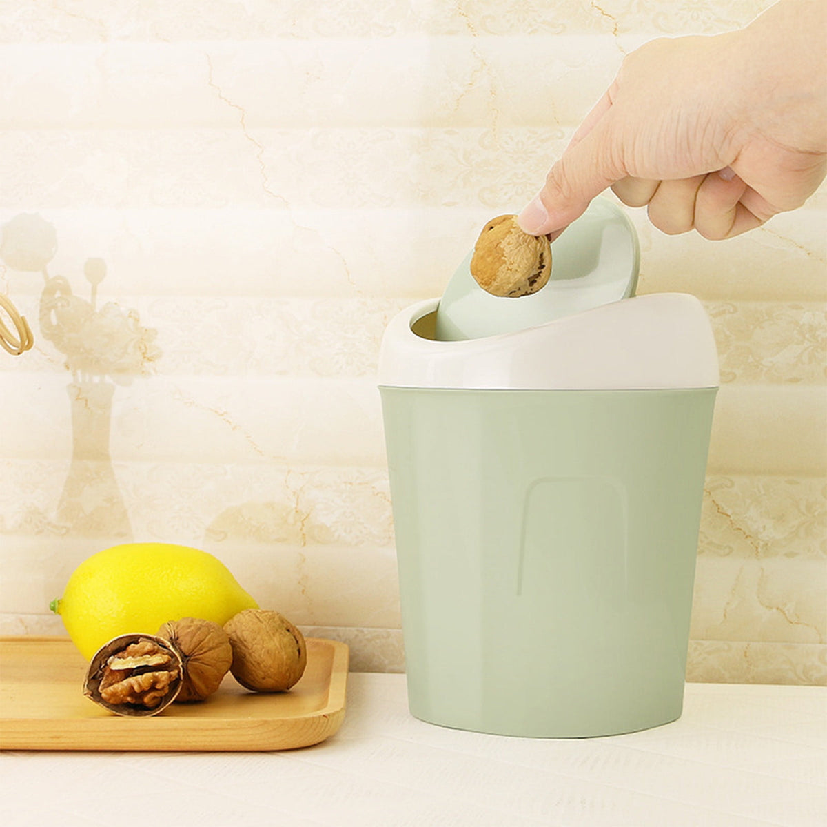 Mini Desk Bin with Swing Lid, Compact Plastic Rubbish Bin for Offices, Bathrooms, Cars, Vanities and Tabletop Waste, Blue