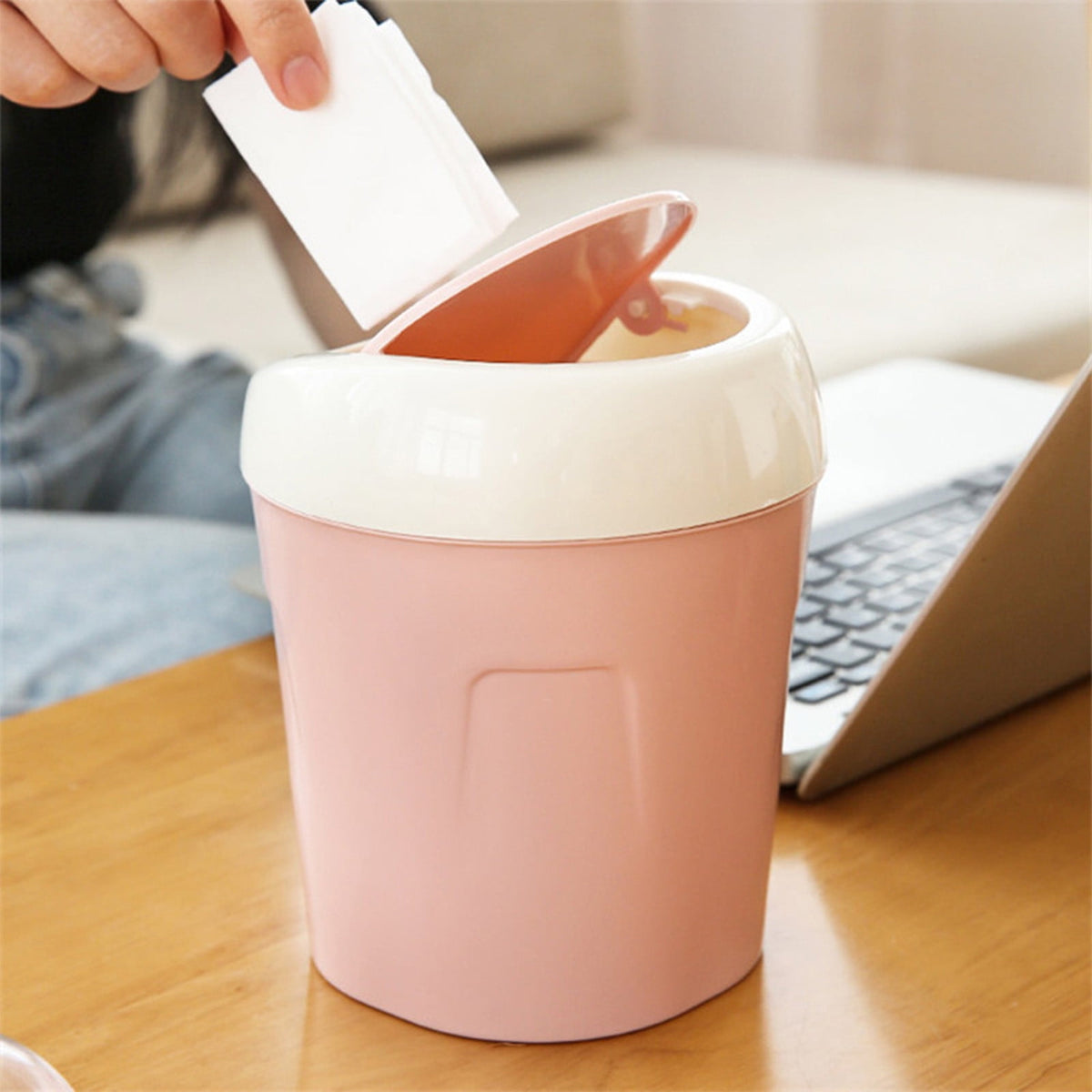Mini Desk Bin with Swing Lid, Compact Plastic Rubbish Bin for Offices, Bathrooms, Cars, Vanities and Tabletop Waste, Green
