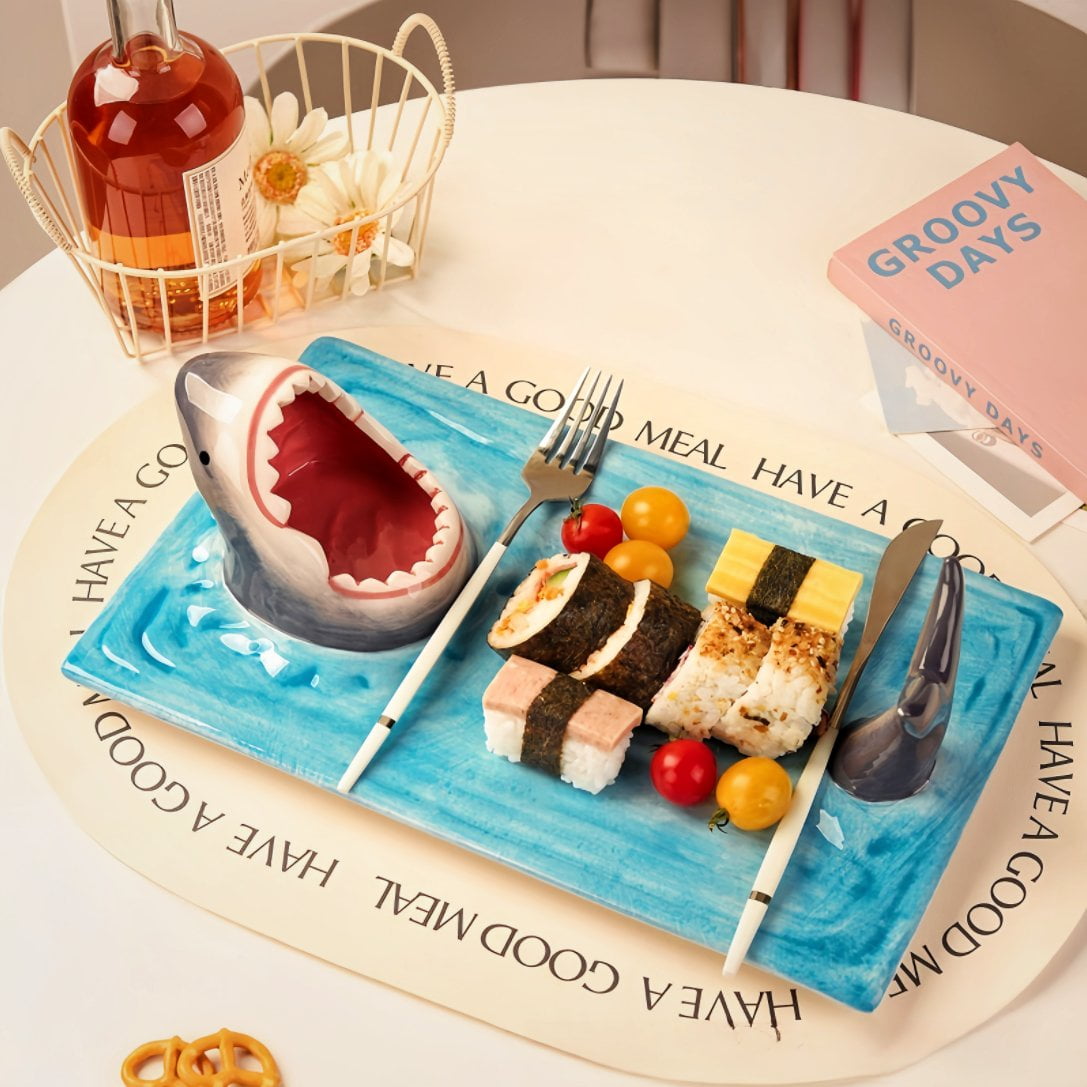 Shark Sushi Plate, Blue Ceramic Shark Shaped Serving Platter with Dipping Sauce Bowl, Microwave Oven Dishwasher Safe Sushi Dish, Gifts for Shark Party Lovers