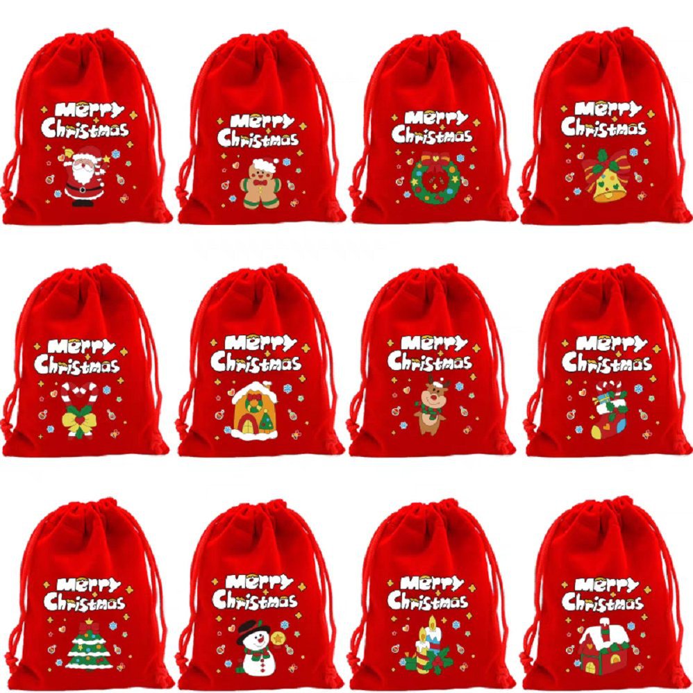 12 Pieces Christmas Gift Bags with Drawstring Closure for Treats, Party Favours and Advent Calendars, Reusable Festive Packaging, Red