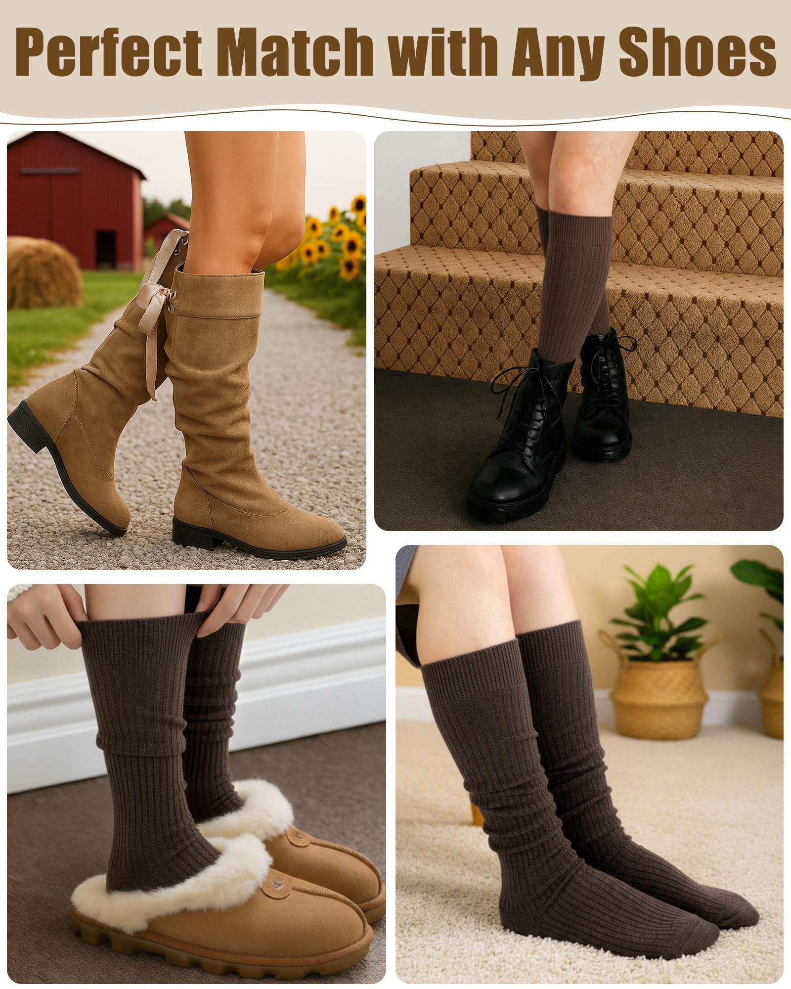 Knee Socks Women - Long Socks - Slouch Socks - Ribbed Socks - Drop-Down Socks - Winter Socks - Cotton - Leg Warmer Effect - High Socks - Warm House Socks - Women's Stockings - Ribbed Socks - Casual - Retro - Multicolor - 5 Pairs