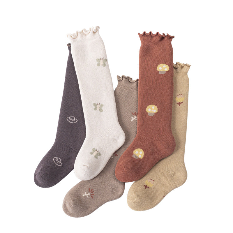 Knee Socks Girls - Baby Knee Socks - Ruffle Socks - Long Socks Child - Cotton Socks - Toddler Socks - Stockings with Ruffles - Socks with Print - Mushroom - Butterfly - Ribbed Socks - Retro - Vintage - Legwear - Maternity Gift - Multicolor - 5 Pairs