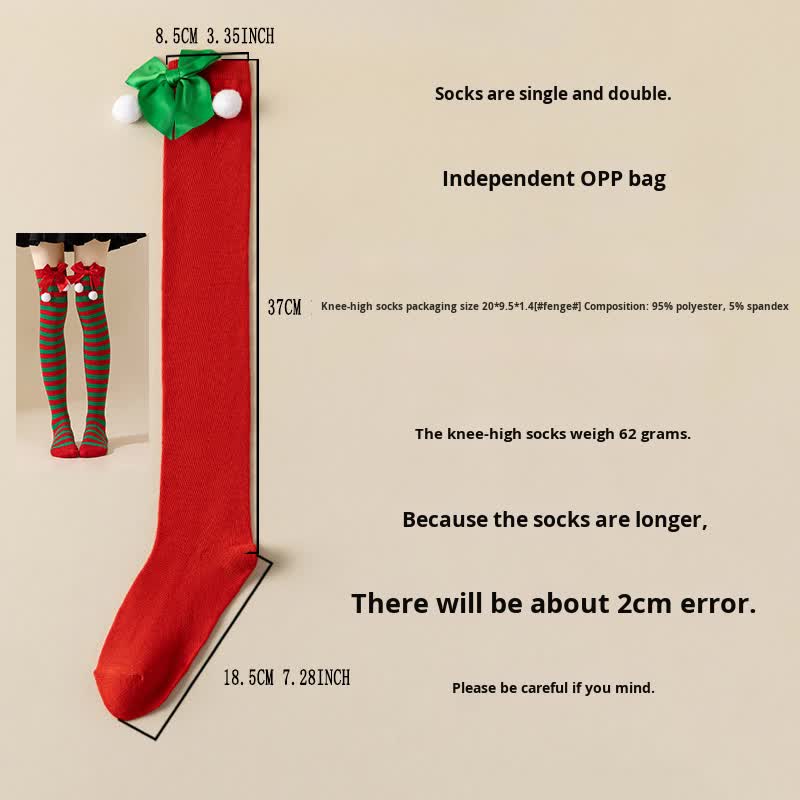 Christmas Socks Women - Overknee Socks - Christmas Knee Socks - Striped Socks - Elf Costume - Santa Claus - Stockings with Bow - Thigh High Stockings - Fancy Dress - Christmas Outfit - Holidays - Long Socks - Christmas Accessories - Multicolor - 5 Pairs