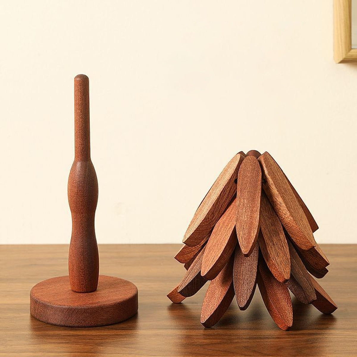 2 Pack Wooden Christmas Tree Trivets, Heat-Resistant Pot and Pan Coasters for Dining Table and Kitchen, Brown