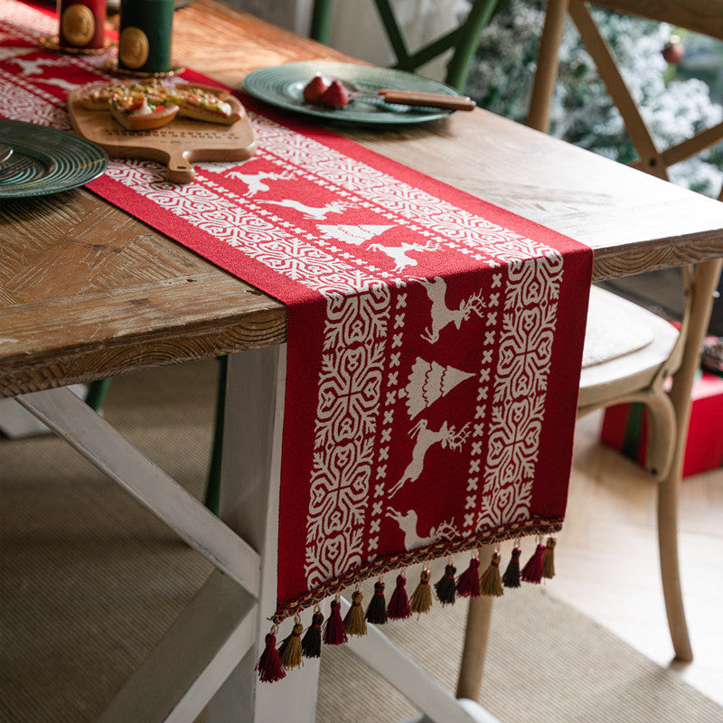 Christmas Table Runner with Reindeer, Tree and Snowflake Print for Festive Dining Tables, Holiday Meals and Home, 35 x 180 cm, Red and White