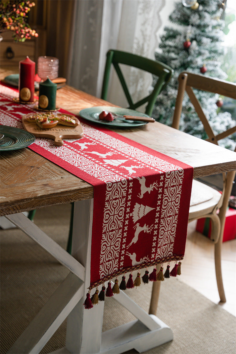 Christmas Table Runner with Reindeer, Tree and Snowflake Print for Festive Dining Tables, Holiday Meals and Home, 35 x 180 cm, Red and White