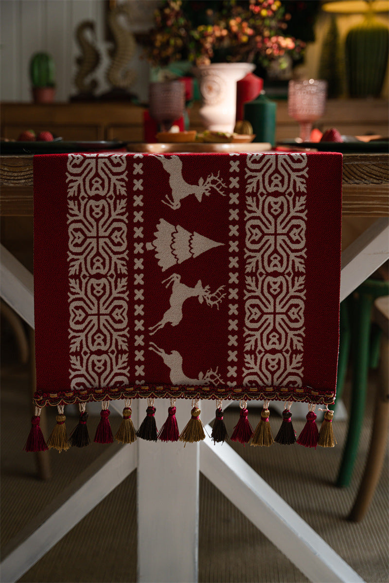 Christmas Table Runner with Reindeer, Tree and Snowflake Print for Festive Dining Tables, Holiday Meals and Home, 35 x 180 cm, Red and White