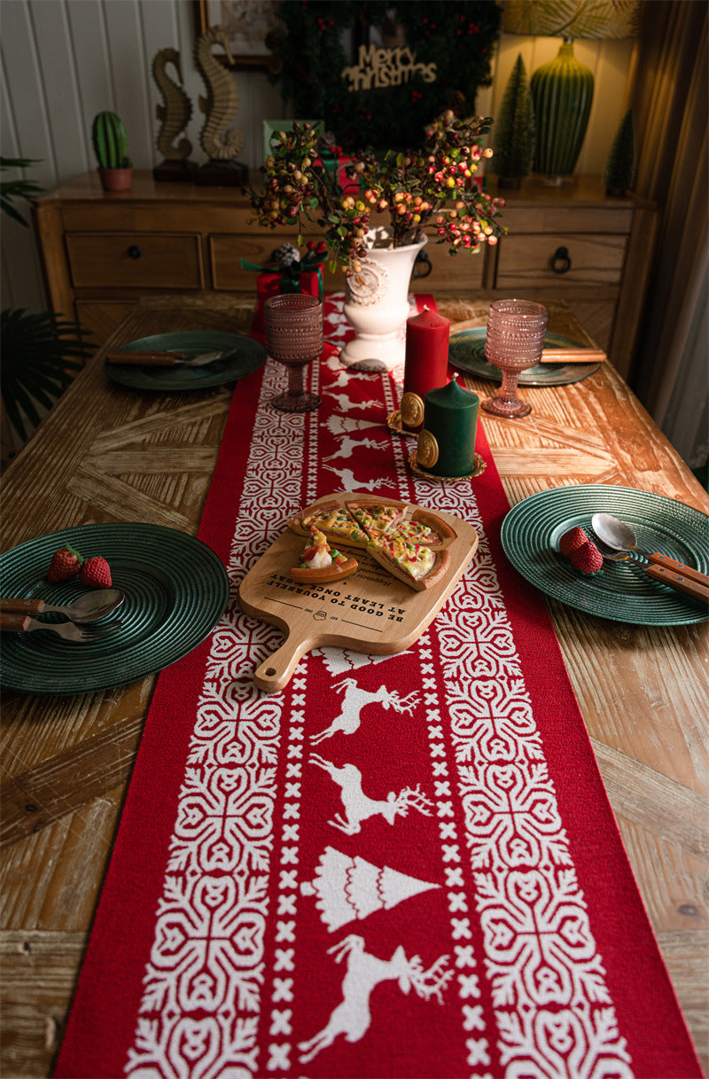 Christmas Table Runner with Reindeer, Tree and Snowflake Print for Festive Dining Tables, Holiday Meals and Home, 35 x 180 cm, Red and White