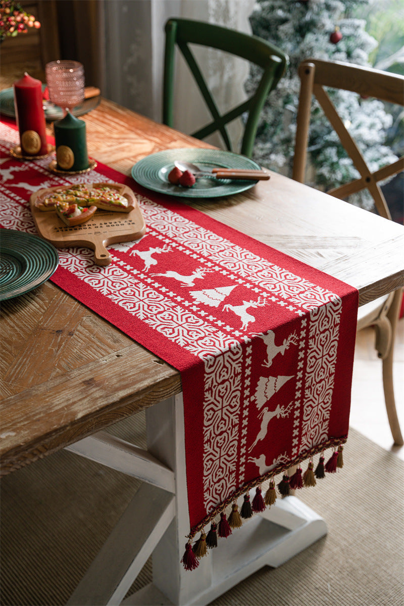 Christmas Table Runner with Reindeer, Tree and Snowflake Print for Festive Dining Tables, Holiday Meals and Home, 35 x 180 cm, Red and White