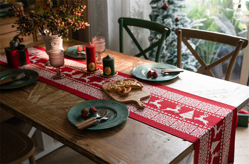 Christmas Table Runner with Reindeer, Tree and Snowflake Print for Festive Dining Tables, Holiday Meals and Home, 35 x 180 cm, Red and White
