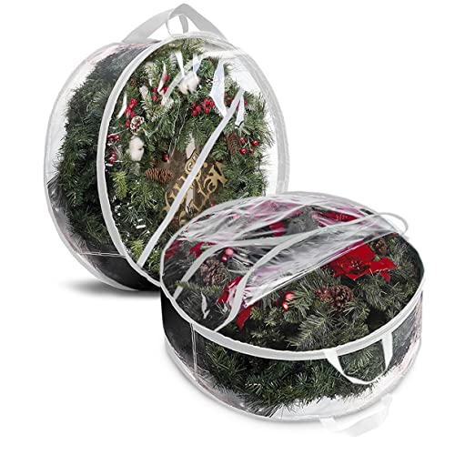 2 Pieces Clear Christmas Wreath Storage Bags with Handles for Artificial Wreaths and Decorations, Protective Seasonal, 60 cm, White
