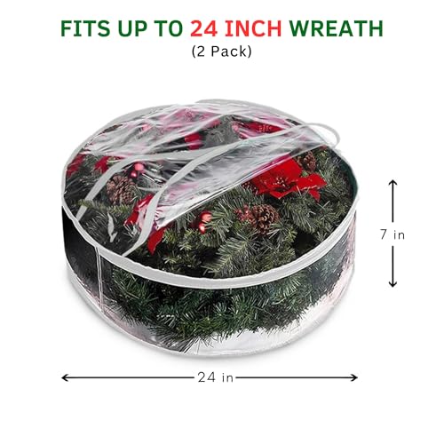 2 Pieces Clear Christmas Wreath Storage Bags with Handles for Artificial Wreaths and Decorations, Protective Seasonal, 60 cm, White