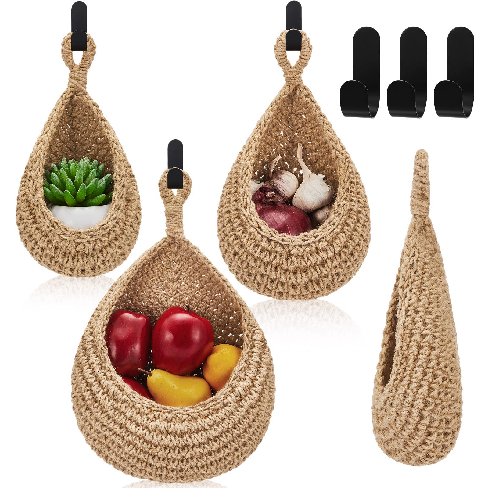 Jute Wall Basket - Hanging Storage Basket - Hanging Fruit Basket - Boho Interior - Wall Plant Basket - Kitchen Accessories - Bathroom Organizer - Vegetable Storage Bag - Woven Baskets - Wall Decoration - With Hanging Hooks - 3 Sizes - Brown - 3 Pieces