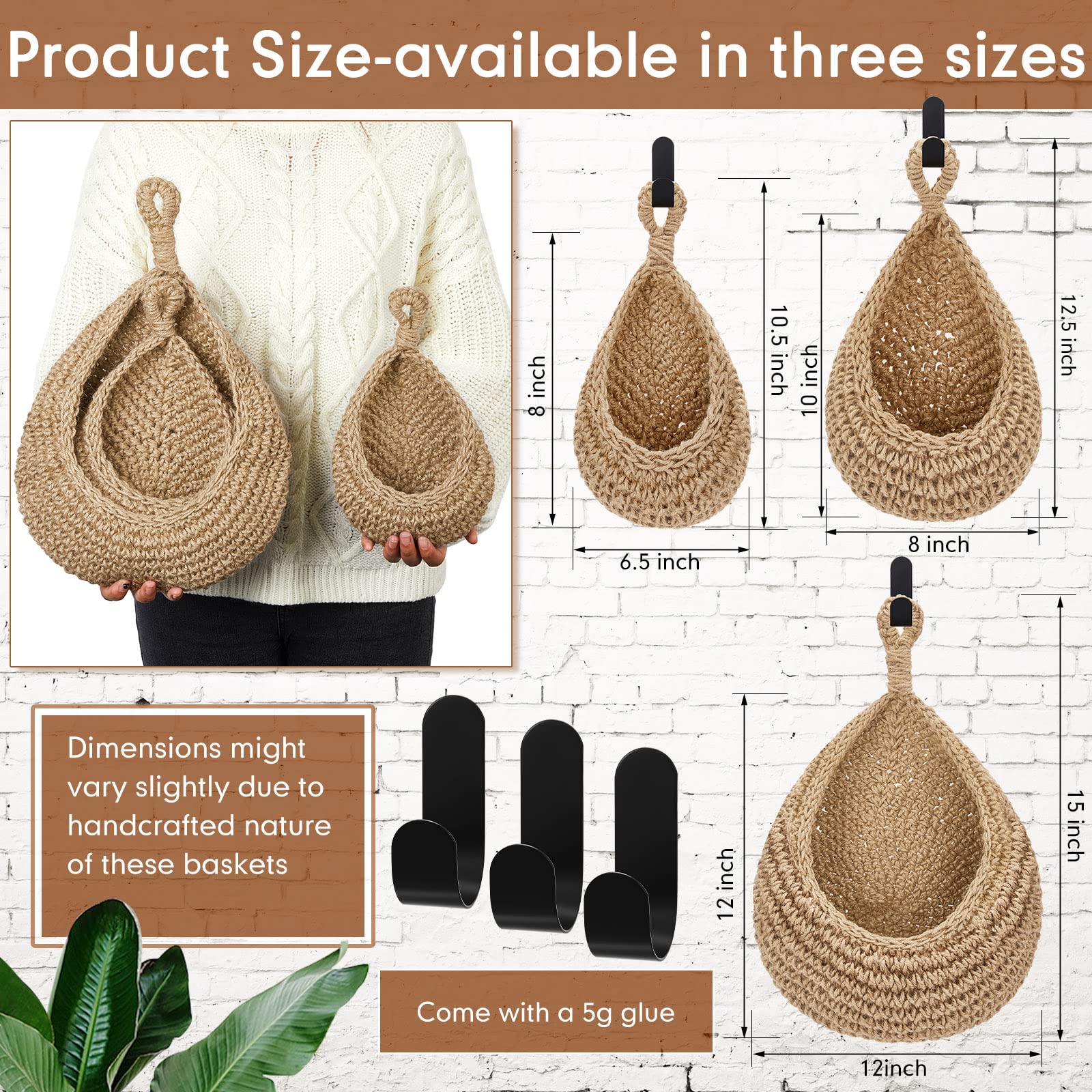 Jute Wall Basket - Hanging Storage Basket - Hanging Fruit Basket - Boho Interior - Wall Plant Basket - Kitchen Accessories - Bathroom Organizer - Vegetable Storage Bag - Woven Baskets - Wall Decoration - With Hanging Hooks - 3 Sizes - Brown - 3 Pieces
