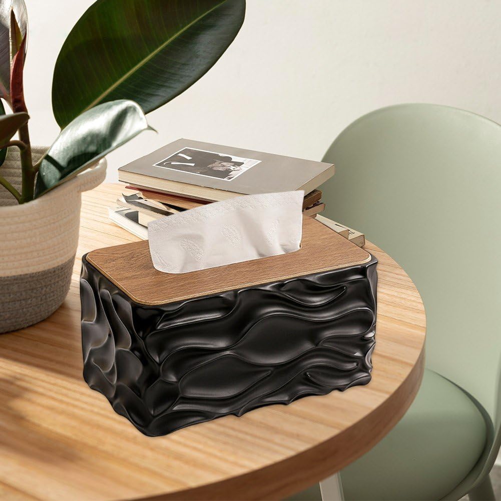 Tissue Box - Tissue Box - Handkerchief Box - Tissue Holder - Napkin Holder - Baby Wipes Box - Tissue Dispenser - Storage Box - Bathroom Accessories - Desk Organizer - Living Room Decoration - Bedroom Interior - Modern Design - Black with Wood - 1 Piece