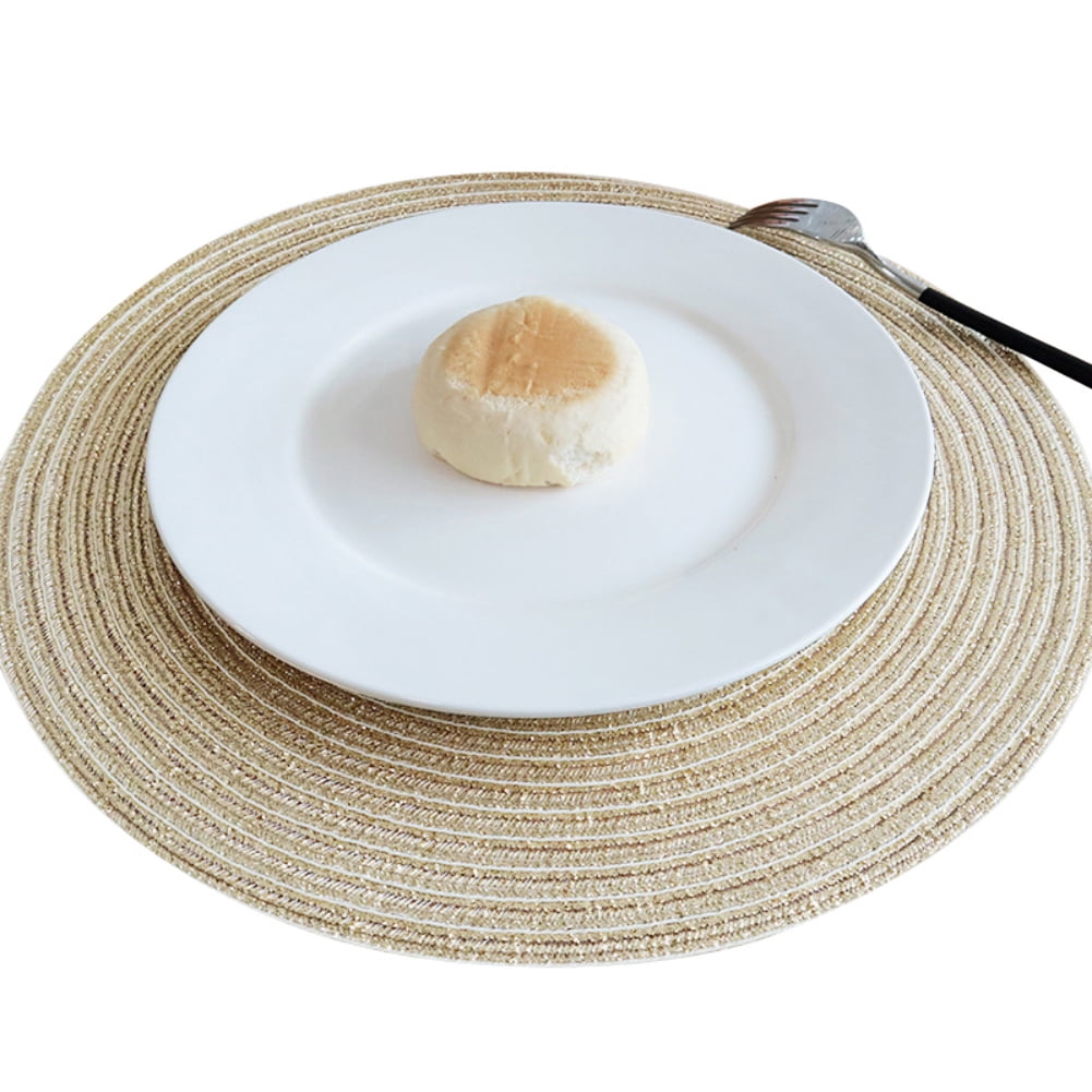 Round Placemats Set of 4, Cotton Woven Placemat Heat-Resistant Non-Slip Washable Table Mats for Dining Table 14 Inch, Blue Gold