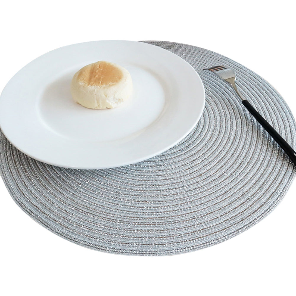 Round Placemats Set of 4, Cotton Woven Placemat Heat-Resistant Non-Slip Washable Table Mats for Dining Table 14 Inch, Blue Silver