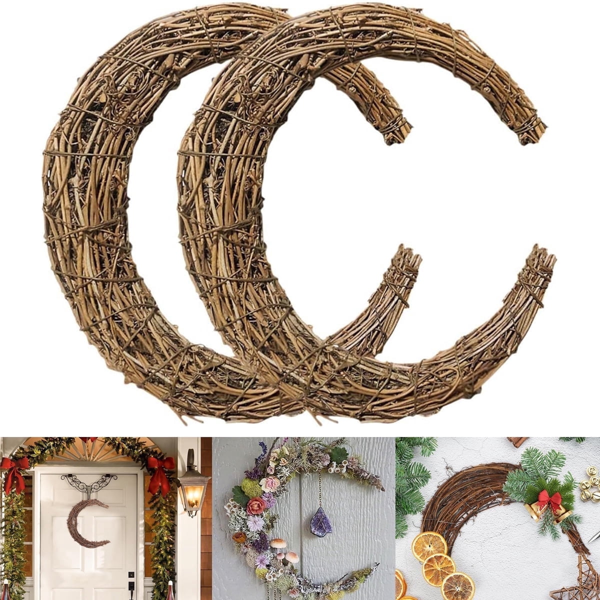 Rattan Crescent Moon Shaped Wreath Grapevine Wreath 11.8in Natural Rattan Wreath Vine Branch Wreath Garland Floral Hoop Ring Wooden Half Moon Decor for DIY Crafts Christmas