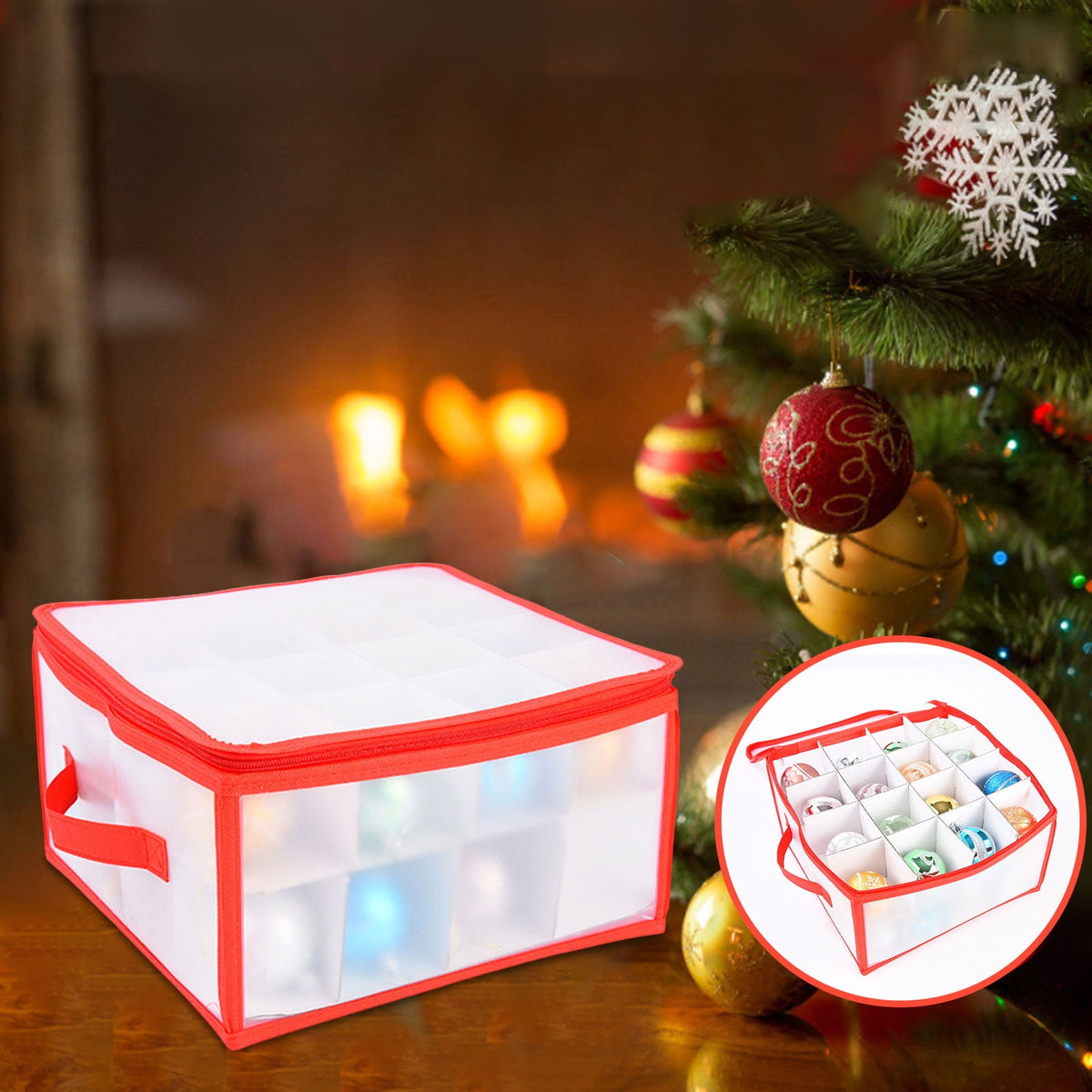 Portable Waterproof Christmas Decoration, Ball Storage Box, Stores 32 Ornaments, 2 Independent Layered Trays, Foldable for Easy Access, Plastic Christmas Ornament Storage Box Red
