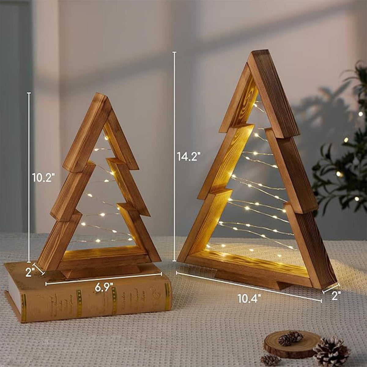 2Pcs Wood Christmas Tabletop with Lights, Christmas Tree Table Centerpiece, Xmas Tree Modern Farmhouse Sign Decorations, Christmas Desktop Decoration Night Light, for Fireplace Mantle Office Dining Multicolor