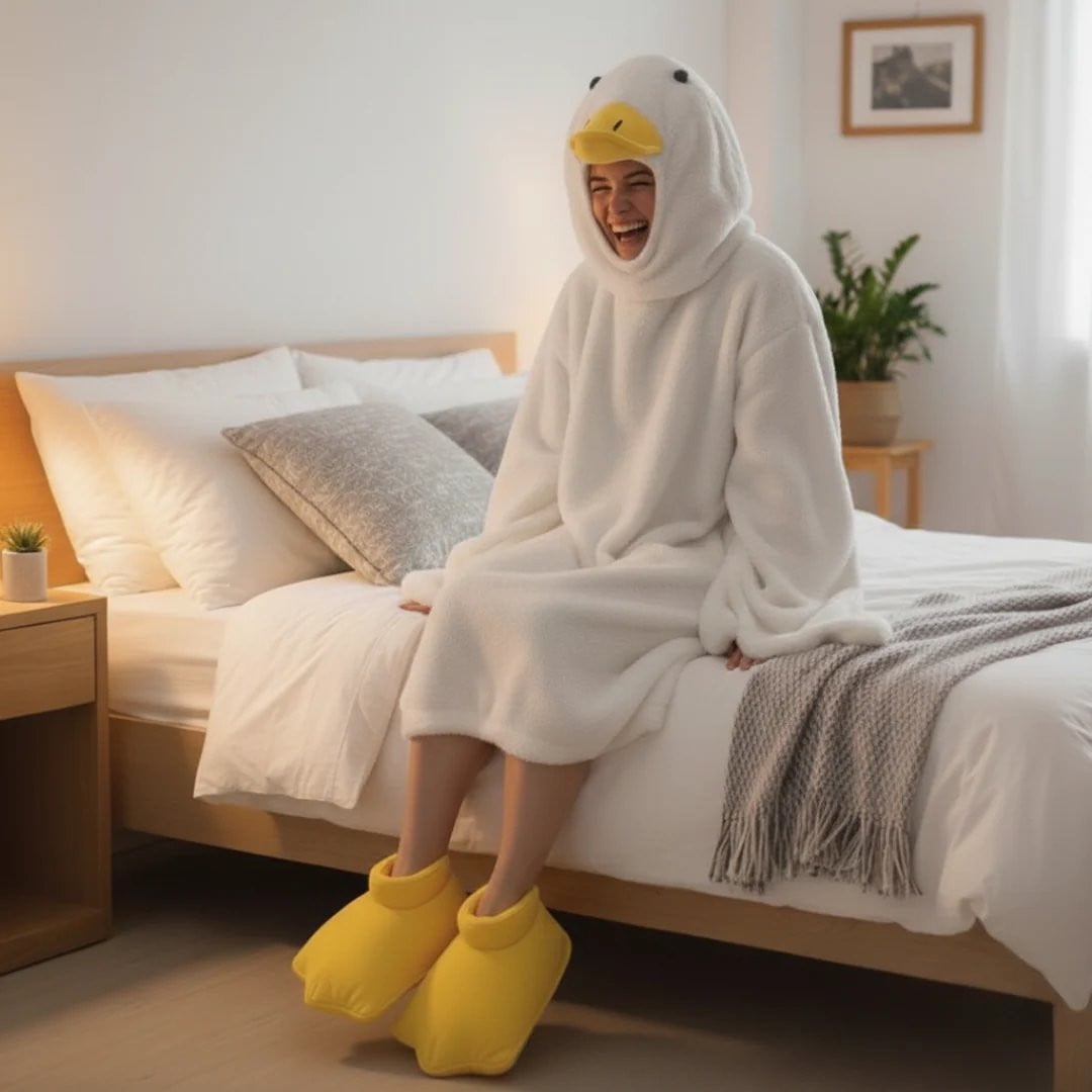 Goose Blanket Hoodie Onesie, Large Warm Wearable Flannel Blankets with Sleeves and Gooses Feet Slippers, for Festival Home Party Holiday Indoor XXL White