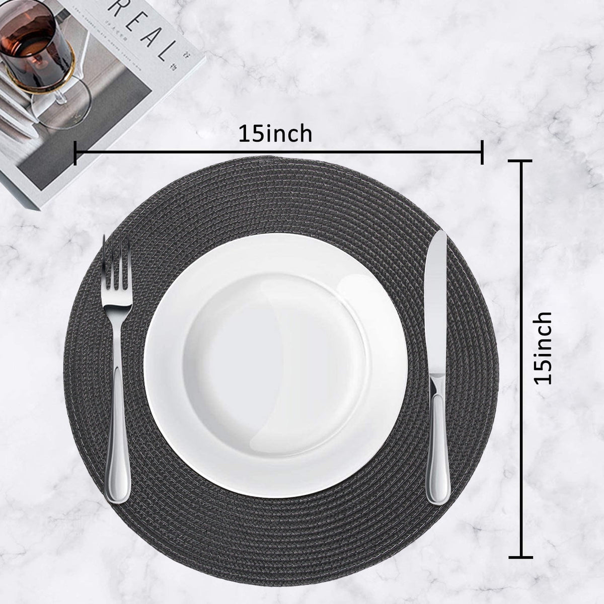 Braided Placemats for Dining Table Set of 6 - Round 15 inch Woven Heat Resistant Non-Slip Kitchen Table Mats, Red Black