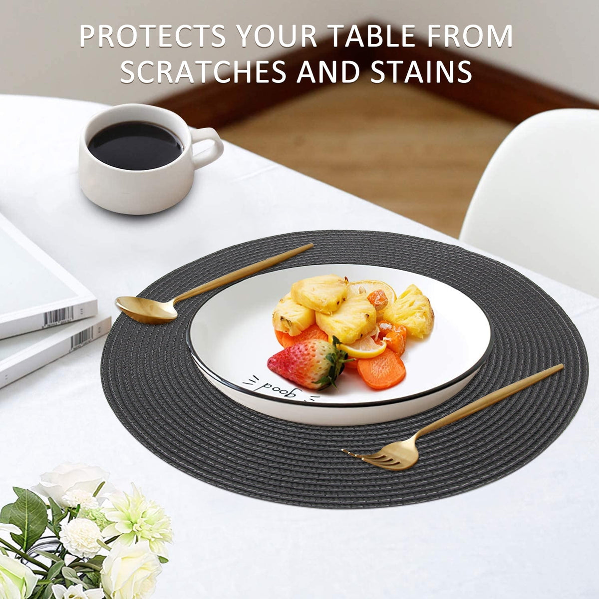 Braided Placemats for Dining Table Set of 6 - Round 15 inch Woven Heat Resistant Non-Slip Kitchen Table Mats, Red Black