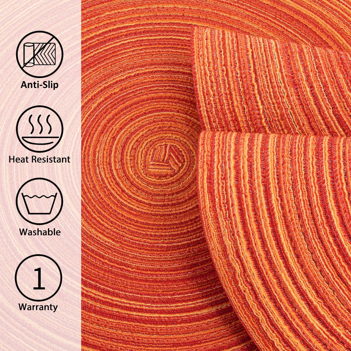 Braided Placemats for Dining Table Set of 6 - Round 15 inch Woven Heat Resistant Non-Slip Kitchen Table Mats Red