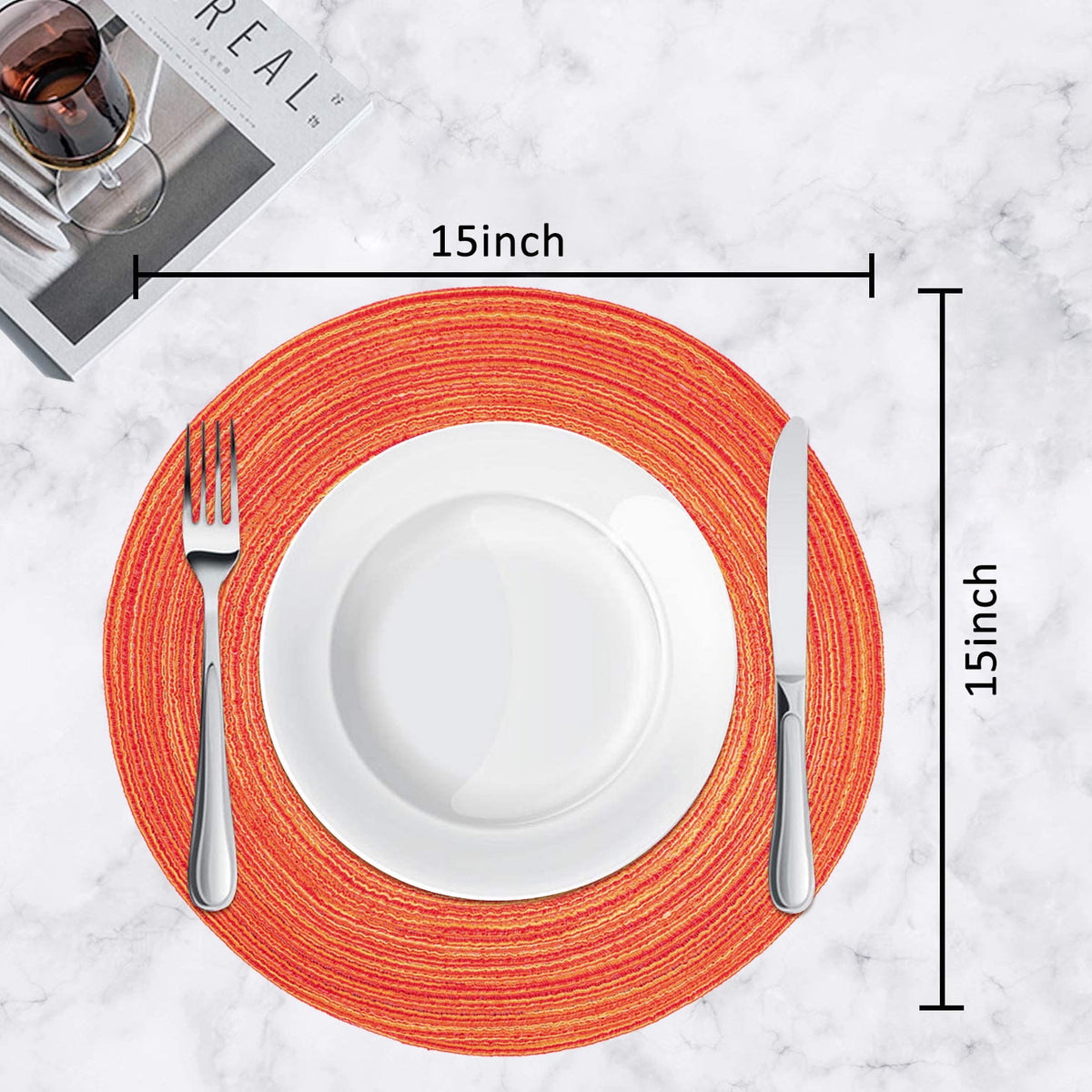 Braided Placemats for Dining Table Set of 6 - Round 15 inch Woven Heat Resistant Non-Slip Kitchen Table Mats Red