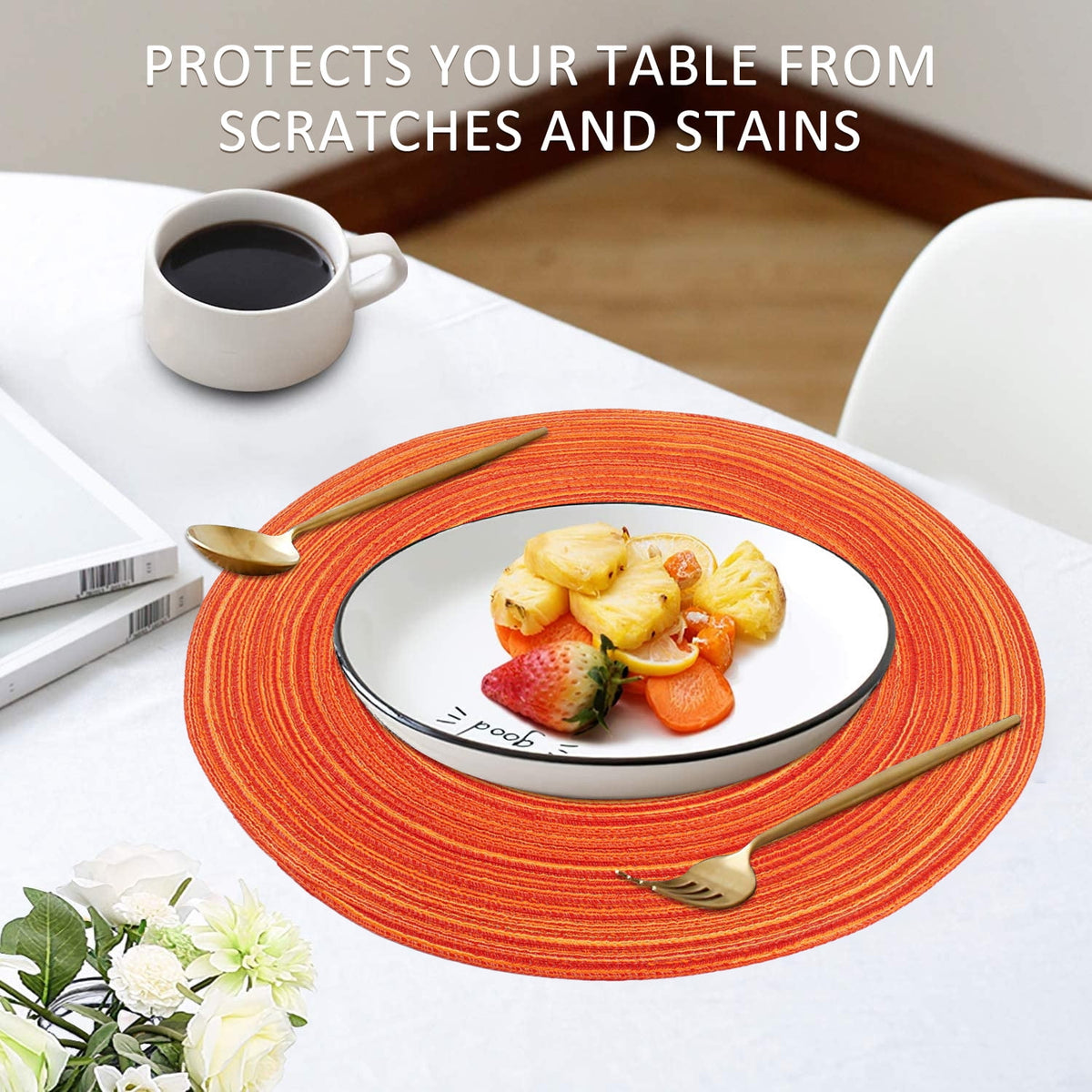 Braided Placemats for Dining Table Set of 6 - Round 15 inch Woven Heat Resistant Non-Slip Kitchen Table Mats Red