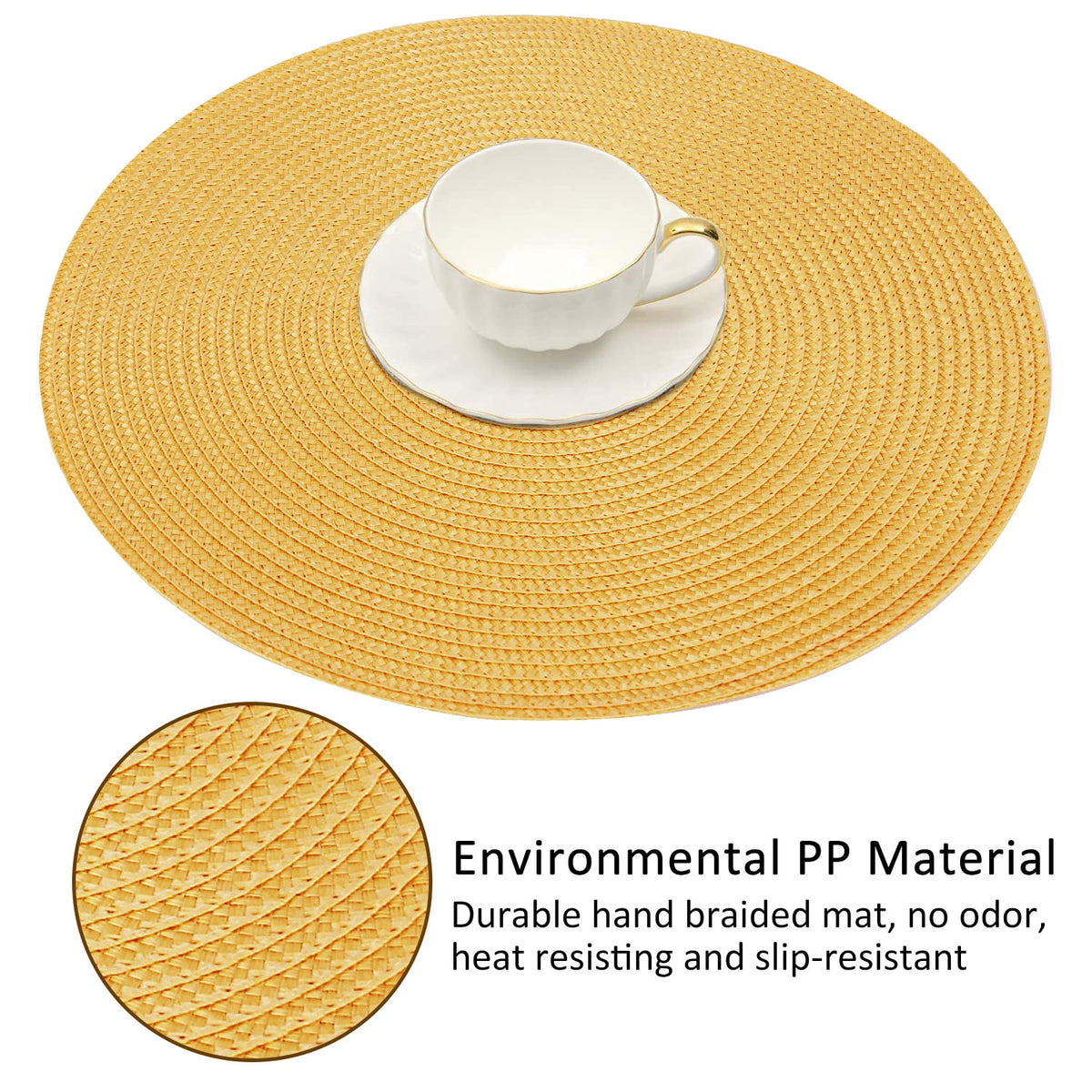 Braided Placemats for Dining Table Set of 6 - Round 15 inch Woven Heat Resistant Non-Slip Kitchen Table Mats, Red Yellow